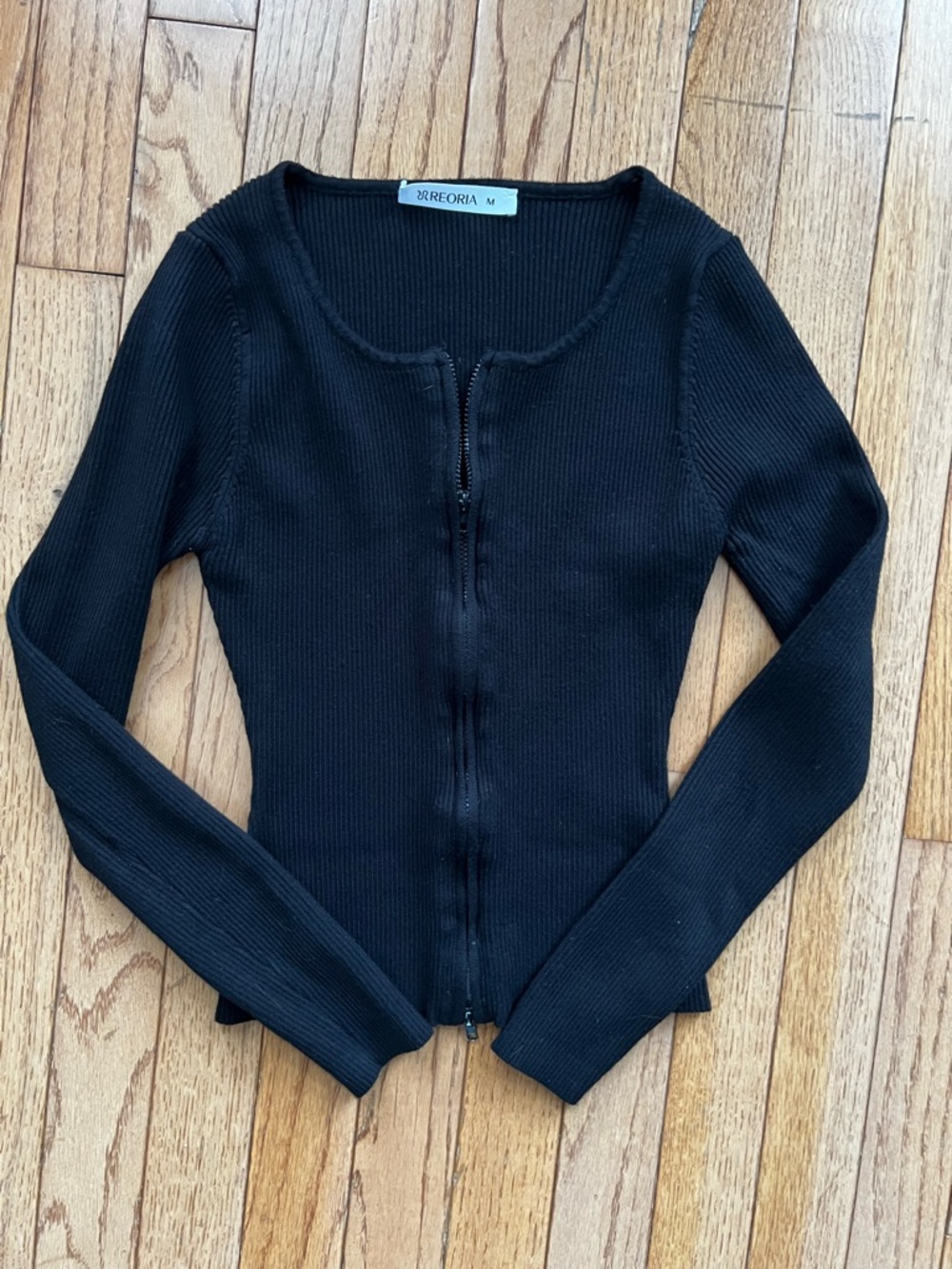 REORIA Black Ribbed Double Zip-Front Women's Top Sweater Y2K Basic